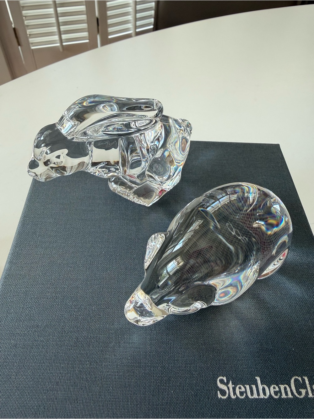 NIB Signed and Nimbered Steuben Glass Clear Crystal Hare and Bird Pig- Set of 2